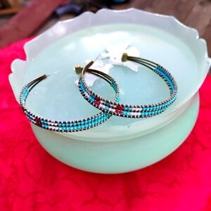 Vintage Patina Metal And Beadwork Large Hoop Earrings. 2.5"